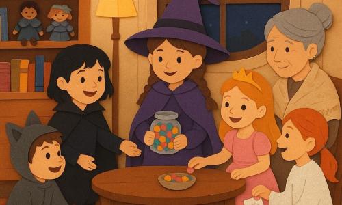 Sept personnages : Lina, 8 ans, cheveux bruns en deux nattes, chapeau de sorcière trop grand et manteau violet, tenant une petite boîte de bonbons au centre devant la table ; Maya, 8 ans, cheveux courts noirs, cape de chauve‑souris, à gauche de Lina, souriante et tendant la main vers Tim ; Zoé, 8 ans, cheveux longs blonds en robe rose de princesse, à droite de Lina, riant et posant un bonbon sur la table ; Noa, 8 ans, cheveux roux en queue de cheval, costume de fantôme à paillettes, près de la porte offrant un bonbon au garçon ; Tim, 7 ans, garçon en costume de loup avec une patte déchirée, accroupi devant la table, sac de bonbons réparé, regard joyeux ; Mme Roux, 70 ans, cheveux argentés en chignon, châle brodé, assise derrière la table avec une tasse de chocolat chaud et un bol presque vide, souriante ; et un chat noir au collier violet enroulé sur le tapis. Lieu chaleureux et ancien : salon aux murs crème, étagères de poupées en tissu et livres illustrés, grande fenêtre ronde laissant entrer une lune orangée, tapis à motifs et table basse en bois avec un petit bol de bonbons. Scène nocturne douce de partage : les enfants autour de la table rendent un bol plein à la vieille dame, couleurs chaudes (oranges, violets, rouges), textures papier découpé visibles, éclairage de lampe et de lune, expressions tendres et gestes de partage lisibles.