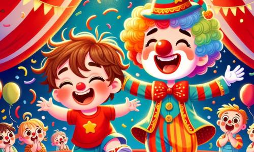 Léo, un petit garçon de 2 ans aux cheveux bruns en bataille et aux grands yeux joyeux, porte un t-shirt rouge et un short bleu. Il rit en tenant un chapeau de clown trop grand qui lui tombe sur les yeux. À ses côtés, un clown joyeux d'environ 30 ans, avec un nez rouge et un costume multicolore, fait des grimaces et lance des confettis. Le chapiteau du cirque, immense et aux rayures rouges et blanches, est rempli de lumières scintillantes et de ballons colorés. Léo et le clown dansent ensemble, entourés d’un public émerveillé qui applaudit et rit, créant une ambiance festive.