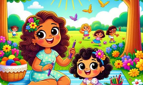 Lila, une petite fille de 2 ans aux grands yeux brillants et aux cheveux bouclés, sourit en tenant des crayons de couleur. Elle est assise sur l'herbe du parc, entourée de ses dessins colorés. Sa maman, une femme d'une trentaine d'années, l'observe fièrement, assise sur une couverture de pique-nique avec des fruits et des biscuits. Le parc ensoleillé est rempli de fleurs et d'arbres, avec des oiseaux chantant et d'autres enfants jouant au loin. Lila dessine des fleurs et un soleil jaune, entourée de ses amis admirant ses créations, dans un moment de partage et de bonheur estival.