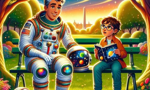 Un homme astronaute, Maxime, se tient dans un parc verdoyant, souriant et enthousiaste. Il porte une combinaison spatiale blanche avec des détails colorés, son casque étant posé à côté de lui sur un banc. À ses côtés, Lucas, un garçon de 11 ans aux cheveux bruns en bataille et lunettes, est assis, écoutant avec admiration un livre sur les planètes. Le parc est éclairé par le soleil couchant, entouré d'arbres et de fleurs colorées. Maxime partage des histoires fascinantes de l'espace avec Lucas, qui est émerveillé par ses récits d'aventures interstellaires.
