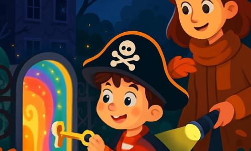 Timéo, un petit garçon de 6 ans déguisé en pirate avec un chapeau noir et une plume rouge, est émerveillé devant un portail scintillant, tenant une clé dorée. Sa maman, d'environ 30 ans, sourit à ses côtés, éclairant le jardin sombre avec une lampe de poche. Le jardin, mystérieux et rempli de feuilles d'automne, est dominé par une vieille maison abandonnée aux fenêtres cassées. Timéo, déterminé, s'apprête à insérer la clé dans la serrure d'un portail magique brillant de mille couleurs.