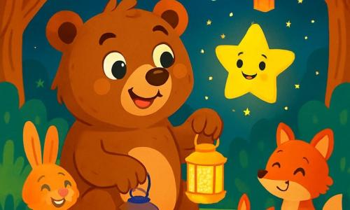 Boubou l’ours farceur, un gros ours brun au pelage doux et aux yeux curieux, est assis dans l'herbe verte, souriant joyeusement. Il tient une petite lanterne en papier décorée de paillettes dorées et admire les autres animaux autour de lui. À ses côtés, Etincelle, une étoile scintillante aux yeux brillants et à la bouche souriante, flotte dans les airs en émettant une douce lumière dorée. La scène se déroule dans une clairière enchantée, entourée d'arbres majestueux sous un ciel étoilé, où des lanternes colorées s'élèvent dans la nuit. Boubou et Etincelle participent à une fête joyeuse, où les animaux de la forêt se rassemblent pour célébrer le Ramadan avec des rires et des sourires, créant une atmosphère chaleureuse et lumineuse.