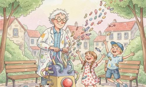 Monsieur Dupont, souriant mais embarrassé, cheveux blancs ébouriffés, lunettes rondes et blouse tachée de peinture, tient la poignée d’une grosse machine aux tuyaux colorés et à un énorme bouton rouge ; devant lui, une fillette de 7 ans aux cheveux tressés et robe à pois rit en tendant la main vers un bonbon volant, un garçon de 9 ans casquette bleue et short saute pour en attraper un autre, et au premier plan un chien tacheté tente d’attraper un bonbon tombé ; le tout se déroule dans un petit parc pavé avec bancs, arbres à feuilles vert clair et maisons en pierre aux toits rouges sous un ciel pastel, dans une démonstration chaotique et joyeuse où des bonbons multicolores jaillissent des tuyaux et collent légèrement aux vêtements.
