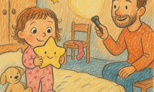 Une fillette de 2 ans aux yeux ronds joue avec un doudou beige sur un lit bas pendant que son père d'environ 35 ans, barbe légère, assis sur le bord du lit, sourit et pointe une lampe de poche pour projeter des ronds de lumière; la chambre petite et chaleureuse, aux tons pastel, couverture crème, tapis bleu et stickers d'étoiles, dégage une ambiance douce et sécurisante.