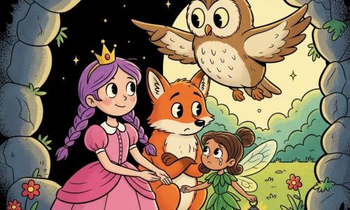 La princesse Lila, environ 8 ans, au regard déterminé et doux, cheveux violets en tresses, robe rose à volants et petite couronne brillante, tient la main d’une minuscule fée en larmes (20 cm) aux ailes translucides scintillantes et à la robe verte en feuilles qui tient une petite lanterne magique et la regarde avec gratitude ; un renard mâle au pelage roux flamboyant, aux yeux malicieux mais tristes, est assis à l’entrée de la grotte derrière eux, semblant regretter son geste, tandis qu’un hibou mâle aux grands yeux ronds et plumes crème vole légèrement au‑dessus du groupe et pointe la sortie d’une aile vers la lumière ; la scène se situe à l’entrée d’une grotte sombre aux pierres rondes et mousseuses ouvrant sur une clairière verte baignée d’un rayon de soleil doré, fleurs colorées et lucioles au sol, ambiance chaleureuse, couleurs vives et silhouettes simples et expressives.