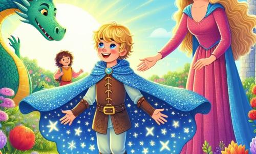 Un petit prince nommé Léo, âgé de 7 ans, porte une cape bleue scintillante. Il a des cheveux dorés et un grand sourire. Il se tient dans un jardin magique, prêt à affronter le roi Dragon. À ses côtés, sa maman, une belle reine aux cheveux longs, porte une robe rose et le regarde avec fierté. Le jardin est rempli de fleurs colorées et d'oiseaux chantants, avec un grand château doré au fond. Léo, courageux, s'approche du roi Dragon majestueux, qui souffle doucement, tandis que Léo lui tend la main pour devenir son ami.