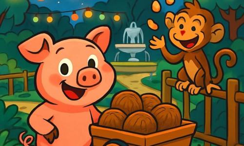 Un cochon nommé Gustave, avec un pelage rose et des yeux curieux, se tient joyeusement à côté d'un chariot rempli de noix de coco. Il sourit, ses oreilles frétillant d'excitation. À ses côtés, Léonard, un singe espiègle, jongle avec des cacahuètes, perché sur la clôture. Le zoo nocturne est illuminé par des lampions colorés, avec une fontaine scintillante sous la lune. Gustave et Léonard sont prêts à organiser une course de noix de coco, entourés d'animaux curieux impatients de voir les chariots dévaler la pente.