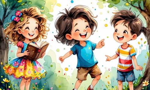 Trois amis se trouvent dans un parc magique : Léa, 8 ans, avec des cheveux bouclés et dorés, porte une robe colorée et tient un livre ancien, émerveillée. Tom, 8 ans, souriant avec des cheveux bruns en bataille, porte un t-shirt rayé et un short, riant en montrant une fleur brillante. Hugo, 9 ans, dans un fauteuil roulant décoré, a des cheveux châtains et des lunettes rondes, souriant en tenant une carte du monde magique. Le parc est enchanteur, avec des arbres majestueux et des fleurs lumineuses. Les amis découvrent un portail magique derrière un arbre, leurs visages illuminés par l'excitation, prêts à entrer dans un monde fantastique.