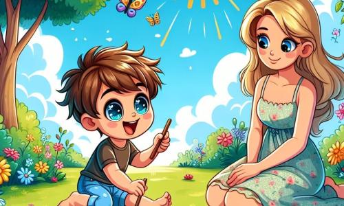Un petit garçon de 2 ans, Léo, avec des cheveux bruns en bataille et des yeux curieux, est assis sur l'herbe du parc. Il sourit en dessinant un soleil dans la terre avec un bâton. À côté de lui, sa maman, une femme d'une trentaine d'années aux cheveux blonds, le regarde avec tendresse. Elle est assise en tailleur, entourée de fleurs colorées. Le parc est lumineux, avec des arbres majestueux et des papillons. Léo, émerveillé par le printemps, dessine un soleil tandis que sa maman admire les fleurs et les oiseaux.