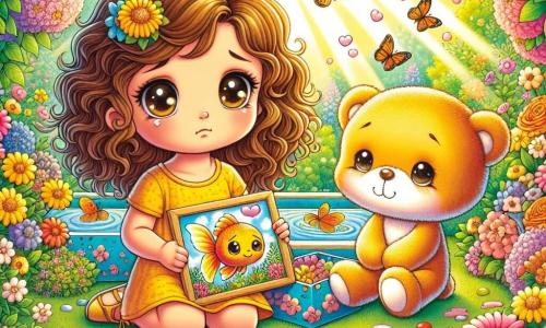 Clara, une petite fille aux cheveux bruns et bouclés, avec de grands yeux tristes, est assise dans un jardin coloré, entourée de fleurs éclatantes. Elle porte une robe jaune et tient un dessin de son poisson rouge, Bubbles, tout en se remémorant des souvenirs heureux. À ses côtés, Pépito, un ours en peluche mignon, la regarde avec tendresse. Le jardin est rempli de fleurs multicolores, des papillons virevoltent, et un coin est aménagé avec une boîte décorée où Clara a déposé le dessin de Bubbles. La lumière du soleil crée une atmosphère douce. Clara et Pépito célèbrent la mémoire de Bubbles en plantant des fleurs autour de la boîte, symbolisant l'amour et les souvenirs perdurants.