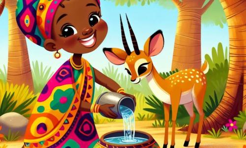 Mina, une jeune femme souriante et joyeuse, porte un pagne coloré. Ses yeux brillent d'excitation alors qu'elle remplit une calebasse d'eau à la source. À côté d'elle, une antilope gracieuse, au pelage brun doré, l'observe. Le cadre est une clairière entourée de baobabs et de fleurs colorées qui dansent au vent. Mina, déterminée, sourit en remplissant sa calebasse, prête à ramener l'eau au village.