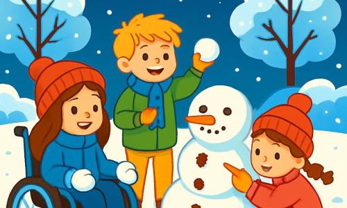 Trois personnages sont présents : Camille, une fille de 7 ans avec de longs cheveux bruns, un bonnet rouge, une grosse veste bleue et des moufles blanches, assise dans son fauteuil roulant et admirant son bonhomme de neige ; Léo, un garçon de 7 ans aux cheveux blonds en bataille, portant une écharpe bleue et une veste verte, debout à côté d'elle avec une boule de neige prête à être lancée ; et Éléa, une fille de 5 ans avec des cheveux châtains et des tresses, habillée d'une combinaison rose et d'un bonnet à pompon, accroupie près du bonhomme de neige pour lui mettre une carotte pour le nez. Ils se trouvent dans un jardin enneigé, avec un bonhomme de neige décoré de pommes de pin et de cailloux, des arbres couverts de neige scintillante et un ciel bleu profond parsemé d'étoiles. La scène montre les enfants jouant ensemble dans la neige, riant et s'amusant à construire un bonhomme de neige, tandis que des flocons tombent doucement autour d'eux, créant une ambiance magique et joyeuse.