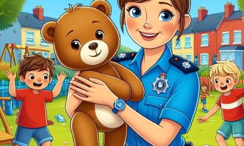 Une policière souriante, Claire, est au centre de l'image. Dans la trentaine, elle a des cheveux bruns en chignon et porte un uniforme bleu vif. Agenouillée, elle tient un ours en peluche dans ses mains, avec une expression joyeuse. À côté d'elle, Léo, un petit garçon de six ans aux cheveux blonds en bataille et aux yeux pétillants, porte un t-shirt rouge et un short bleu. Il sourit en serrant son ours contre lui, heureux d'avoir retrouvé son ami. Le décor est un quartier animé avec des maisons colorées, des arbres et une balançoire. Claire et Léo, entourés d'enfants, célèbrent la retrouvaille de l'ours, créant une atmosphère de camaraderie et de bonheur.