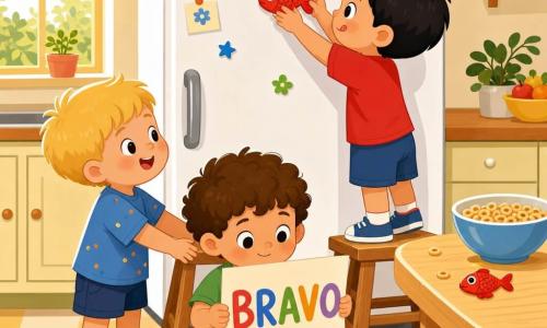 Trois garçons de 3 ans dans une cuisine lumineuse : un blond court tient le tabouret à gauche en souriant, un châtain bouclé assis devant tient une feuille « BRAVO », et un garçon aux cheveux noirs monte sur le tabouret à droite pour coller un aimant-poisson rouge sur la porte blanche du frigo ; ambiance chaleureuse et sécurisante, couleurs vives, table en bois avec bol de céréales et aimant posé dessus, rayon de soleil entrant par la fenêtre.