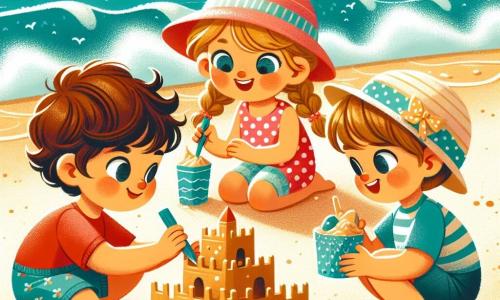 Sur une plage ensoleillée, trois enfants s'amusent. Léa, un garçon de trois ans aux cheveux bruns, construit un château de sable. À côté, Emma, une fille avec des cheveux blonds, ajoute des coquillages. Lucas, un autre garçon, est accroupi avec un coquillage. La plage est magnifique avec du sable doré et des vagues douces. Les enfants rient et s'encouragent, créant des souvenirs d'une journée d'été parfaite.
