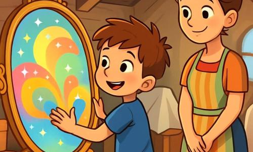 Un garçon de 8 ans, Lucas, avec des cheveux bruns en bataille et de grands yeux curieux, se tient devant un miroir ancien dans un grenier poussiéreux. Son visage exprime fierté et soulagement, avec un léger sourire. Il porte un t-shirt bleu et un short en jean, les mains posées sur le miroir scintillant. Sa maman, une femme d'une trentaine d'années aux cheveux châtains attachés, se tient à proximité, souriante et bienveillante, prête à l'écouter. Le grenier est rempli de vieilles malles, de livres jaunis et de meubles recouverts de draps blancs, avec une lumière du soleil créant une ambiance chaleureuse. Lucas touche le miroir magique, où des images colorées apparaissent, symbolisant ses émotions, et partage un moment important avec sa maman pour parler de ses sentiments et apprendre à gérer la culpabilité.