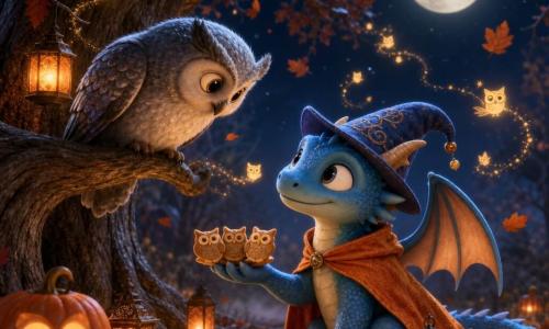 Miro, petit dragon bleu souriant, tient trois biscuits en forme de chouette et partage un moment chaleureux d’Halloween avec Nocti, chouette aux plumes argentées perchée sur une branche basse du chêne ; ils sont au pied d’un grand chêne argenté, éclairés par des lampions orange, des citrouilles sculptées et une lune douce, des feuilles rousses tourbillonnent tandis que de petites lucioles en forme de chouette dorées virevoltent autour d’eux, créant une ambiance cosy où les teintes chaudes d’orange et de cuivre contrastent avec les bleus et l’argent des deux amis.