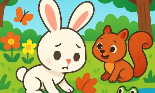 Un petit lapin aux grandes oreilles, au pelage blanc, cherche sa carotte perdue avec une expression inquiète. À ses côtés, un écureuil brun au sourire encourageant est prêt à l'aider, tandis qu'une grenouille verte sur un nénuphar propose également son assistance. Ils se trouvent dans un jardin fleuri avec des arbres, une mare scintillante et des papillons dansant. Le groupe scrute le sol et les buissons, cherchant des indices pour retrouver la carotte disparue, dans une ambiance de camaraderie et d'aventure.