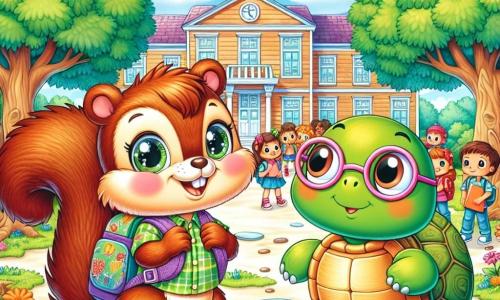 Léo, un petit écureuil au pelage brun et aux yeux curieux, se tient au centre de la cour de l'école avec un sac à dos coloré, souriant pour sa première journée de classe. À ses côtés, Clara, une tortue à la carapace verte et lunettes rondes, observe timidement les autres enfants avec un carnet dans ses pattes. En arrière-plan, des arbres majestueux et des fleurs colorées embellissent la cour, tandis que la grande salle de l'école, ornée de dessins d'animaux, se dresse fièrement. Cette scène capture la rencontre de Léo et Clara, prêts à explorer leur nouvelle école entourés de camarades joyeux.