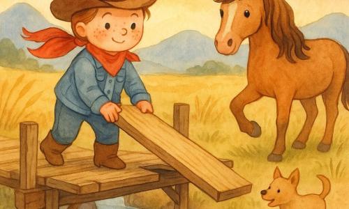 Lila, cow-girl souriante au foulard rouge et chapeau marron, pose une planche sur un pont en bois cassé tandis que Noisette, jument au pelage noisette, attend une patte levée et Pim, petit chien beige, trottine près d'elle, le tout au coucher de soleil sur un ruisseau reflétant le ciel, prairies dorées et montagnes lointaines, ambiance aquarelle douce et pleine d'espoir.