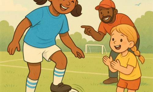 Jeune femme souriante aux cheveux bruns en couette, en maillot bleu, short blanc et chaussettes rayées, contrôle doucement un ballon de football noir et blanc avec la plante du pied; à côté d’elle une fillette de ~8 ans aux cheveux blonds en tresse, en t‑shirt jaune, applaudit heureuse; un coach d’environ 35 ans casquette rouge s’accroupit en arrière‑plan, souriant et montrant la technique; pelouse verte bien tondue avec lignes blanches, quelques fleurs au bord et un petit but blanc au loin, ciel bleu clair avec soleil doux et oiseaux stylisés; scène chaleureuse et calme où la femme aide la fillette à pousser le ballon, mouvements doux, expressions amicales, couleurs pastel et contours ronds.