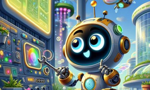 Zippy, un petit robot coloré avec des yeux ronds et un corps en métal scintillant, répare un panneau de contrôle futuriste dans un bâtiment de "Technologie Verte". Concentré et excité, il utilise des outils brillants. À ses côtés, Pobby, un drone aux ailes translucides et au sourire joyeux, flotte et pointe un bouton lumineux sur le panneau pour l'aider. L'endroit est rempli d'écrans affichant des données écologiques et de lumières colorées, créant une atmosphère harmonieuse entre nature et innovation. Zippy serre une vis avec sa clé à molette, tandis que des goutteurs automatiques arrosent des fleurs colorées, illuminant la scène d'une magie éclatante.