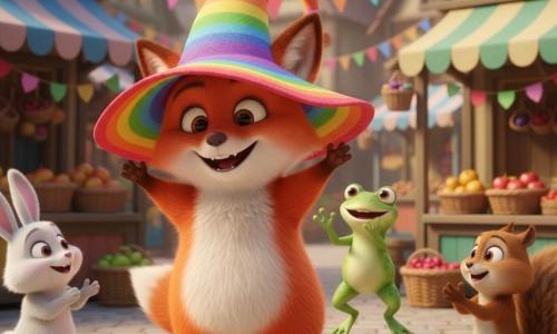Un renard roux aux joues rondes rit et danse en trébuchant, les pattes avant levées, coiffé d'un énorme chapeau coloré qui lui cache presque les yeux ; une petite grenouille verte souriante saute et applaudit derrière lui, tandis qu'un lapin blanc et un écureuil brun forment un cercle pour applaudir sur la place d'un marché de village lumineux aux étals peints, banderoles multicolores et paniers de fruits — scène joyeuse et comique de la "danse du chapeau" au centre.