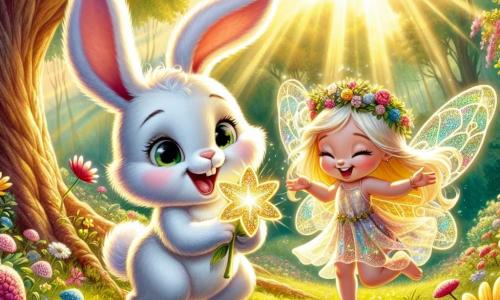 Un petit lapin nommé Léo, au pelage blanc éclatant et aux grandes oreilles douces, exprime curiosité et excitation en tenant une Fleur de l’Étoile scintillante. Ses yeux pétillent de joie et son sourire illumine son visage. À ses côtés, une fée nommée Lumina, avec des ailes translucides et des cheveux dorés, danse joyeusement, rayonnante de bonheur. Elle porte une robe de pétales colorés près d'un grand chêne majestueux, revitalisé par la magie de la fleur. Le décor est une forêt magique où les arbres chantent et les fleurs dansent, baignée de lumière. Léo et Lumina célèbrent la guérison du Grand Chêne, entourés de fleurs épanouies et d'animaux joyeux, dans un moment de magie et d'amitié.