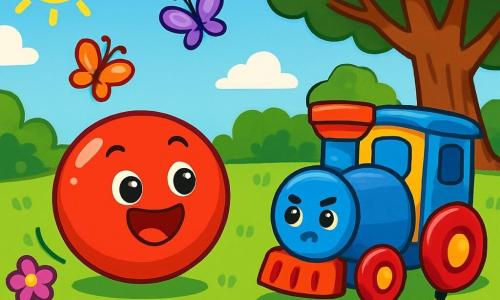 Dans un jardin ensoleillé, un petit ballon rouge nommé Léo roule sur l'herbe verte, entouré de fleurs colorées. À côté, un petit train bleu nommé Tom avance lentement avec sa télécommande. Le jardin est orné de fleurs violettes, jaunes et roses, et un grand arbre se dresse au fond. Léo et Tom s'entraînent pour une course amicale, Léo encourageant Tom, tandis que des papillons volent autour d'eux, ajoutant une touche de magie à cette scène d'amitié.