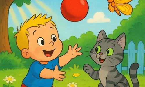 Un garçon de 2 ans, cheveux blonds en brosse, souriant et émerveillé, tend les mains vers une petite balle rouge flottant comme un ballon, guidée par un papillon aux ailes dorées ; un chat gris tigré aux yeux verts, patte levée, est assis à sa droite sur une pelouse verte parsemée de marguerites et de pissenlits, près d'une petite barrière bleu clair et d'un grand chêne d'où filtrent des rayons de soleil, ambiance joyeuse et magique.