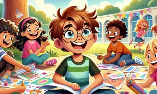 Lucas, un garçon de 12 ans aux cheveux bruns en bataille et lunettes rondes, sourit avec enthousiasme, entouré de ses amis qui dessinent des affiches pour un projet sur l'inclusion. Max, également âgé de 12 ans, aux cheveux blonds et taches de rousseur, rit en tenant une feuille colorée. Sara, avec de longs cheveux bouclés et un t-shirt rose, admire Lucas tout en tenant un crayon et une gomme. Emma, aux cheveux châtains et lunettes, feuillette un livre sur les handicaps, absorbée par ses recherches. La scène se déroule dans la cour de l'école, sous un grand chêne, avec des rayons de soleil illuminant le groupe. Lucas et ses amis, entourés de crayons et de papiers, partagent leurs idées avec enthousiasme, prêts à faire une différence dans leur école.