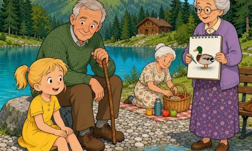 Une fillette de 6 ans souriante et timide, cheveux blonds en couettes, robe jaune, trempe les pieds dans un lac de montagne bleu-vert; un grand-père d'environ 65 ans au visage ridé et bienveillant, pull vert, assis sur une pierre avec un bâton de marche; une grand-mère d'environ 63 ans cheveux blancs en chignon en robe à fleurs, assise sur une couverture préparant un goûter dans un panier en osier; une vieille dame d'environ 70 ans avec lunettes rondes et carnet de croquis montrant un dessin de canard; rive de petits galets, sapins et montagnes arrondies en arrière-plan, chalet au loin, ciel bleu clair, atmosphère calme et ensoleillée, couleurs chaudes, style bande dessinée clair et convivial pour enfants.