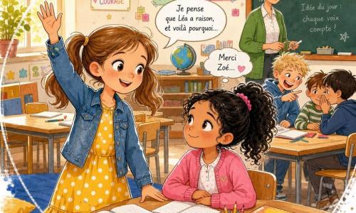 Zoé, 8 ans, souriante et déterminée, cheveux châtain clair en couettes, en robe jaune à pois blancs et veste en jean, se tient près d'une table la main levée pour défendre Léa; Léa, 8 ans, timide mais rassurée, cheveux noirs bouclés en queue de cheval, en gilet rose, est assise à côté d'elle et la regarde avec gratitude; au fond, un garçon d'environ 8 ans aux cheveux blonds en bataille rit à demi avec deux camarades qui chuchotent, tandis que Madame Dupont, vers 35 ans, cheveux gris en chignon et cardigan vert, se tient près du tableau attentive, la classe lumineuse avec pupitres en bois clair, affiches colorées, globe et tapis bleu baigné de lumière dorée, crayons et cahiers ouverts; scène centrée sur Zoé et Léa montrant un changement d'atmosphère vers plus de respect, style encre colorée aux traits nets et texturés, palette douce et lumineuse.