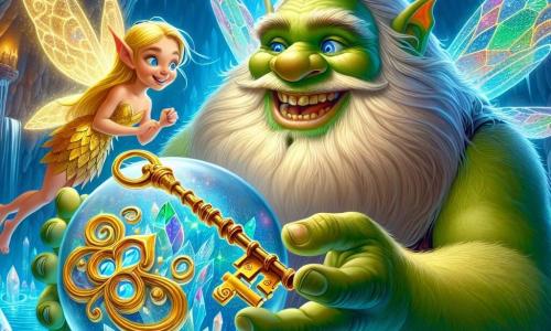 Un ogre jovial nommé Grimbald, à la carrure large et à la peau verte, se tient au bord d'une sphère d'eau cristalline, exprimant une joie éclatante en brandissant une clé en or scintillante. À ses côtés, Lila, une petite pixie aux ailes translucides, flotte dans les airs, émerveillée par la beauté de la clé. Le décor est une grotte magique illuminée par des cristaux brillants et entourée de cascades d'eau scintillantes, créant une ambiance féerique. La scène montre Grimbald découvrant la Clé des Éléments, prêt à libérer la magie de sa vallée.