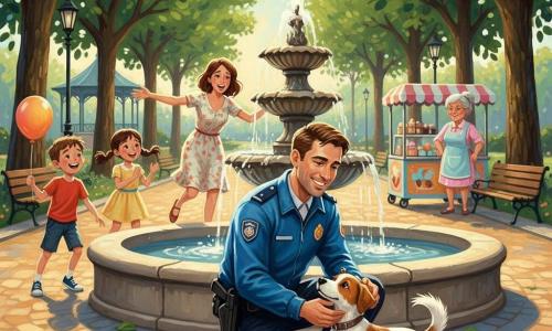 Policier souriant et bienveillant, la trentaine, genou à terre près d'une grande fontaine en pierre, caressant un petit chien blanc et brun au collier avec médaille, queue remuant ; femme de 35–45 ans en robe à fleurs courant les bras ouverts quelques pas derrière, garçon de 8 ans en t‑shirt rouge tenant un ballon et riant à gauche, fille de 6 ans en couettes et robe jaune applaudissant près du garçon ; Mme Dupont, environ 60 ans en tablier pastel, sourit derrière son stand de glaces à droite ; parc lumineux avec allée pavée, tilleuls, bancs et kiosque à musique ; scène de retrouvailles joyeuses, composition centrée sur le policier et le chien, couleurs vives, coups de pinceau visibles et textures d’acrylique épaisses, atmosphère chaleureuse et accueillante.