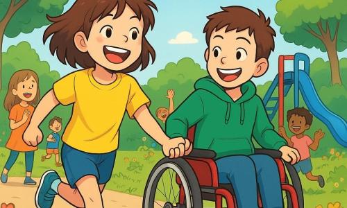 Anna, une fille de 10 ans aux cheveux bruns en bataille, porte un t-shirt jaune et un short bleu. Léon, un garçon de 10 ans dans un fauteuil roulant rouge, a des cheveux bruns et un sweat à capuche vert. Ils sont dans un parc ensoleillé avec des arbres et des fleurs, où des enfants jouent autour d'un toboggan bleu. Anna et Léon courent main dans la main sur une piste, affichant joie et détermination, tandis que d'autres enfants les encouragent, créant une ambiance festive.