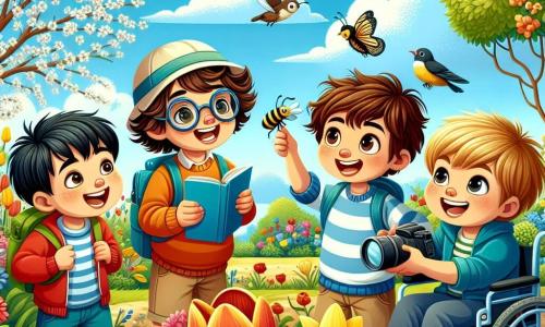 Dans un jardin coloré, quatre garçons sont réunis. Max, dix ans, est au centre avec un carnet. À sa droite, Lucas montre une abeille butinant une fleur. À gauche, Sam observe un papillon, tandis que Tom, assis dans son fauteuil roulant, filme la scène. Le jardin est rempli de fleurs éclatantes et les oiseaux chantent. Les garçons explorent, émerveillés par la beauté du printemps et la nature.