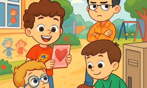 Quatre enfants préparent une surprise pour Théo dans une cour d'école colorée. Léo, 6 ans, aux cheveux bruns et bouclés, tient une carte de Saint-Valentin. Max, également 6 ans, avec des cheveux blonds et des lunettes, est assis, excité. Tom, châtain et lisse, est accroupi à côté de Max, prêt à glisser la carte dans le casier. Hugo, aux cheveux noirs et lunettes de soleil, fait le guet. L'environnement est animé par des dessins d'enfants, des arbres et des jeux. L'excitation et l'amitié se reflètent sur leurs visages, créant une atmosphère joyeuse.
