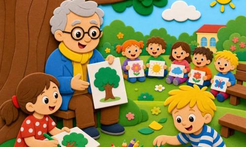 Un instituteur souriant aux cheveux gris et lunettes rondes, veste bleue et écharpe jaune, assis sur une petite chaise en bois montre une feuille à des enfants : une fille de 6 ans en robe rouge à pois dessine un grand arbre au crayon vert à gauche, un garçon de 7 ans en t‑shirt rayé colle des gommettes à droite, d'autres tout‑petits rieurs (3–5 ans) sont en cercle sur l'herbe; activité artistique en plein air dans un jardin d'école ensoleillé avec pelouse, grand chêne, banc en bois, boîte de crayons et feuilles éparpillées, couleurs vives et textures visibles.