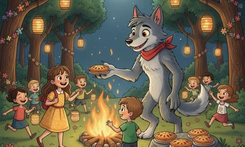 Orion, grand loup-garou au visage doux et pelage gris argenté, yeux ambrés, écharpe rouge et oreilles rondes, tend une patte offrant une tarte; à gauche Lila, 7 ans, cheveux bruns longs, robe jaune et sac à dos rouge, présente Orion aux enfants en souriant, Thomas, 6 ans, t-shirt vert, s'approche timidement pour toucher la patte; plusieurs enfants (4–8 ans) rient et jouent autour d'un feu de camp dans une clairière ronde aux arbres à feuilles vert foncé, sol couvert de mousse et petites fleurs roses, guirlandes florales et lanternes suspendues, tartes sur une grande pierre, fête nocturne sous une pleine lune, ambiance chaleureuse et sécurisante, Orion montré comme ami et protecteur; style : contours nets, formes simples et rondes, couleurs vives et textures douces adaptées aux enfants.