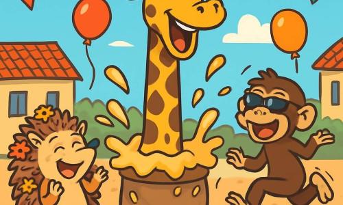 Une girafe nommée Gaston, avec un long cou tacheté et un large sourire, est au centre de la scène, entourée de compote de pommes. À sa droite, Balthazar le chimpanzé rit en glissant sur une peau de banane, et à gauche, Renée le hérisson applaudit en riant. En arrière-plan, la place du village est décorée de banderoles, de ballons et d’un vieux baobab, sous un ciel bleu. La scène illustre le moment hilarant où Gaston, après être tombé dans la bassine de compote, fait rire tous les animaux lors de la Course en sac.
