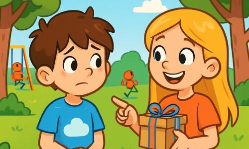 Théo, un garçon de 8 ans aux cheveux bruns en bataille et aux yeux curieux, se tient dans un parc verdoyant avec un léger sourire et une expression d'hésitation. Il porte un t-shirt bleu avec un dessin de nuage et un short jaune. À côté de lui, sa grande sœur Lila, 9 ans, avec de longs cheveux blonds et des yeux brillants d'excitation, tient une boîte en carton décorée d'un ruban coloré, prête à révéler une surprise. Le parc est animé par des enfants jouant au loin et un petit chien courant dans l'herbe. Théo hésite à partager leur secret pour leur maman, tandis que Lila l'encourage à garder le mystère, créant une atmosphère de complicité.