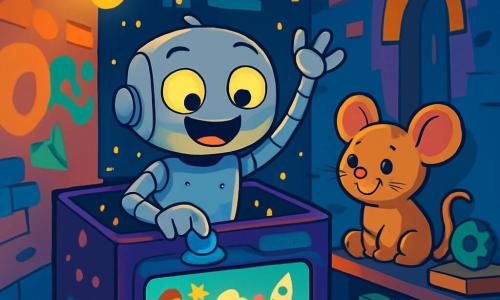 Léo, un petit robot en métal argenté avec des yeux lumineux et un grand sourire, se trouve dans une boîte futuriste remplie de lumières. Il appuie avec enthousiasme sur un bouton bleu, les bras levés. À côté de lui, une souris en peluche, admirative, le regarde depuis une étagère entourée de gadgets et de vieux livres. La boîte est située dans une ruelle sombre mais magique, ornée de graffitis colorés et de lampadaires scintillants, sous un ciel étoilé. Léo explore un monde fascinant à l'intérieur de la boîte, prêt à voyager dans le temps, avec des images du passé et du futur projetées sur un écran, créant une atmosphère d'aventure.