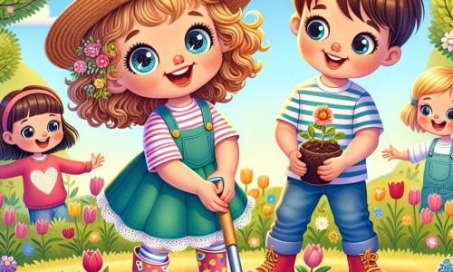 Emma, une petite fille de 4 ans aux grands yeux pétillants et aux cheveux blonds bouclés, porte un chapeau de paille et des bottes de jardinage colorées. Elle plante des graines de fleurs dans un jardin ensoleillé, rayonnante de joie. À ses côtés, son grand frère Léo, 8 ans, aux cheveux bruns et en t-shirt rayé, sourit avec une petite pelle, prêt à l'aider. Le jardin est rempli de terre brune et de petites pousses vertes, bordé de tulipes et de jonquilles, tandis que des oiseaux chantent dans les arbres. Emma et Léo sont entourés de camarades de classe, tous en train de planter des graines ensemble sous un ciel bleu clair, célébrant le printemps.