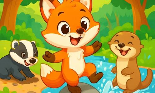 Un jeune renard au pelage roux, avec de grands yeux curieux et un sourire malicieux, glisse sur une pierre mouillée près d'une rivière, éclaboussant l'eau. À sa droite, une loutre au pelage brun clair rit en glissant à ses côtés, tandis qu'à gauche, un blaireau noir et blanc creuse dans le sol. Le décor est une forêt vibrante avec des arbres verts, des fleurs colorées et une rivière scintillante. La scène illustre un moment de partage et de joie entre amis, unis dans leurs jeux.
