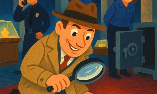 Un détective adulte au visage souriant mais concentré, imperméable beige et fedora brun, scrute avec une loupe une empreinte brillante devant un coffre-fort ouvert; une gardienne de musée d’environ 40 ans, uniforme bleu marine froissé, mains derrière le dos, paraît coupable et triste à côté du coffre; un jeune policier d’environ 25 ans, moustache légère, uniforme sombre et téléphone à l’oreille, se tient en arrière-plan à gauche, prêt à intervenir; décor : musée nocturne aux grandes colonnes marbrées, vitrines basses éclairées d’un halo jaune chaud, tapis rouge usé, clair-obscur aux ombres longues, tensions mystérieuses, composition centrée, couleurs chaudes contrastées par ombres bleutées, traits nets et textures de peinture acrylique visibles.