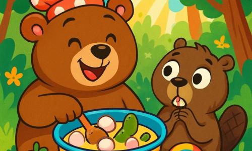 Un ours brun nommé Oscar, portant un chapeau à pois rouge et blanc, sourit joyeusement en mélangeant des ingrédients dans un grand bol coloré, entouré de fruits et de bonbons. À côté de lui, Paco le castor, intrigué, observe la recette d'Oscar. En arrière-plan, la forêt de Babillou est pleine d'arbres verts, de fleurs colorées et de rayons de soleil. Oscar crée une tarte farfelue avec des ingrédients inattendus comme des chamallows et des cornichons, tandis que Paco s'interroge sur le résultat final.