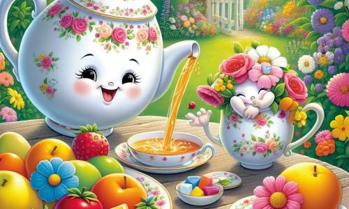 Une petite tasse en porcelaine blanche nommée Tilly, ornée de motifs floraux, sourit en versant du thé sur une table en bois, entourée de fleurs colorées. À côté, une grande assiette colorée nommée Alia, pleine de fruits juteux, affiche une expression enthousiaste, ses couleurs vives contrastant avec le vert du jardin. Un petit pot de fleurs nommé Poppy, avec des pétales roses et un visage amical, sourit et applaudit devant la table, entouré de fleurs dansantes. Dans ce jardin ensoleillé, Tilly, Alia et Poppy partagent un goûter coloré, célébrant leurs différences avec des rires et des sourires, illustrant la tolérance et l'amitié.
