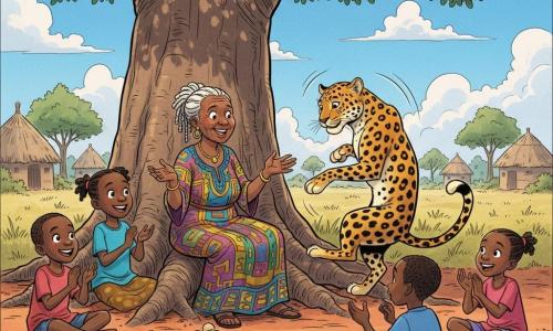 Mama Nala, vieille femme souriante aux cheveux blancs torsadés et robe colorée, est assise sous un grand baobab, mains ouvertes en train de conter; Lila, petite souris beige maline, se faufile près des racines en regardant triomphalement Tano, le léopard mâle tacheté, surpris et tournant autour de l'arbre; quatre enfants du village assis autour rient et s'émerveillent; clairière ensoleillée au sol rouge-orange, baobab imposant, huttes au loin et ciel bleu — ambiance joyeuse et couleurs vives.