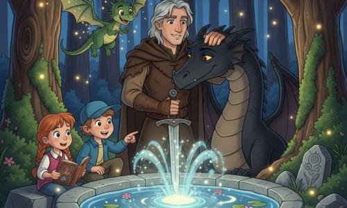 Ardan, homme calme et bienveillant aux cheveux argentés et manteau de cuir usé, tient sa vieille épée plantée dans le sol et pose une main rassurante sur la tête d’un grand dragon sombre tandis qu’un petit dragon vert blessé mais joyeux vole en arrière-plan; une fillette d’environ 7 ans aux tresses rousses, assise sur le bord d’une fontaine ronde en pierre sculptée, tient un livre ouvert et un garçon d’environ 6 ans à la casquette bleue est accroupi près d’elle en pointant l’eau miroir qui reflète lunes et étoiles; la clairière forestière ancienne, nuit, chênes massifs, mousses, lucioles dorées et pierres runées créent une ambiance chaleureuse de paix, sagesse et magie douce, couleurs saturées (bleus nuit, verts émeraude, touches d’or) avec traits ronds et expressifs, textures visibles de pierre et d’écorce et éclairage doux centré sur la fontaine.